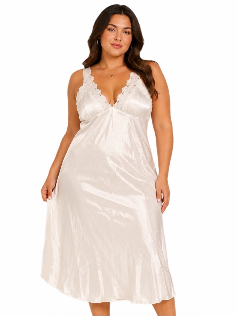 90s British Vintage St Michael Satin Lace Trim Midi Slip Dress (Ivory)Size 14/XL